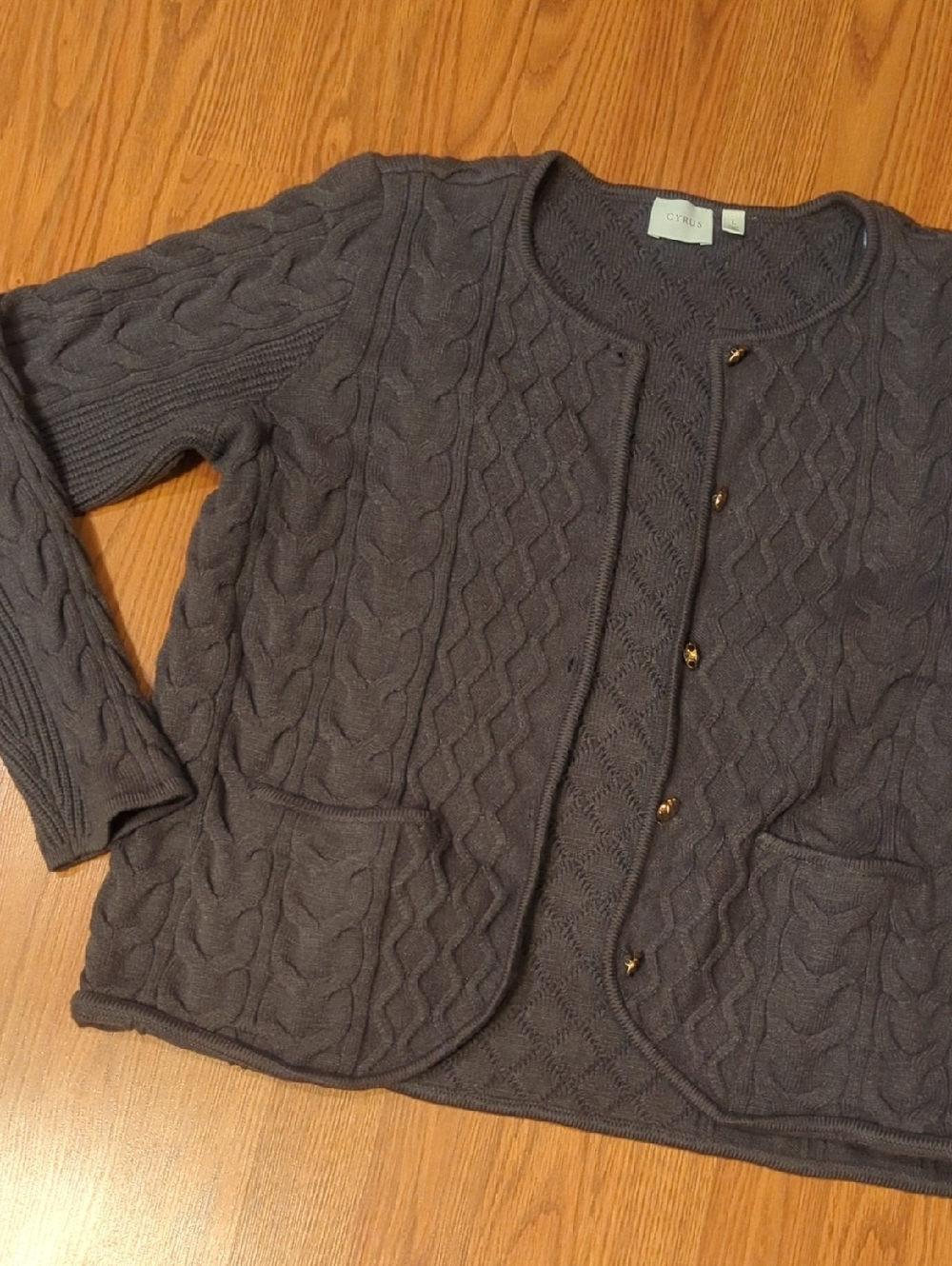 Cyrus Charcoal Gray Textured Knit Cardigan with Gold Buttons